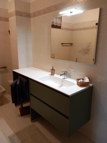 a bathroom with a sink and a mirror at Casa del piccolo olivo in Strigno