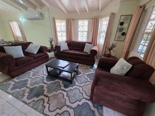 a living room with couches and a rug at Tropical Blessings - Ocho Rios in St Mary