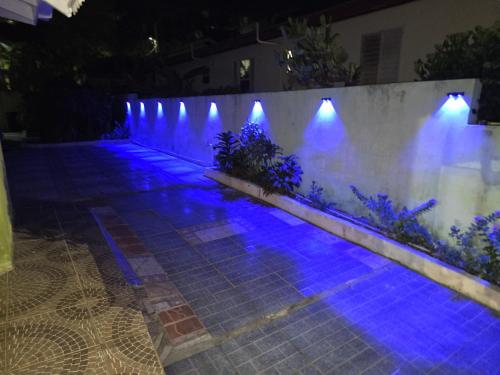 a fence with blue lights on it at night at Tropical Blessings - Ocho Rios in St Mary