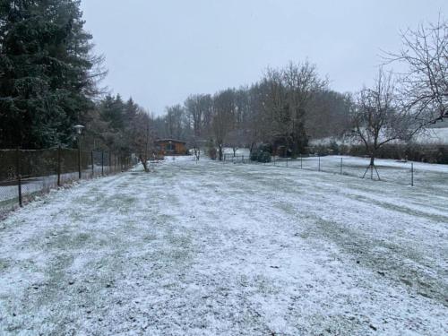 a snow covered field with a fence and trees at Welcoming bungalows in Neustadt in Neustadt/Harz