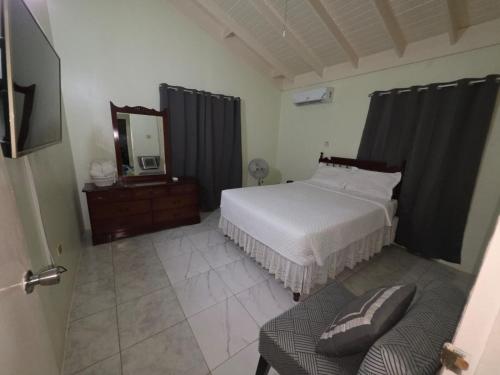 a bedroom with a bed and a chair and a mirror at Tropical Blessings - Ocho Rios in St Mary