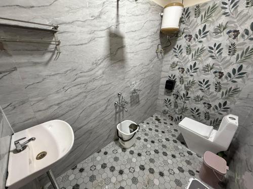 a bathroom with a sink and a toilet at Italian cafe Hampi in Hampi