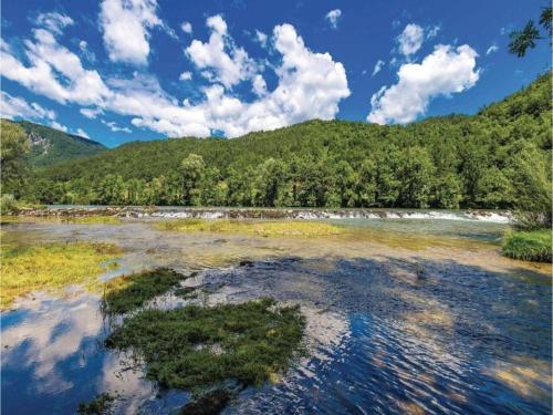 a river with trees and mountains in the background at Tranquil Holiday Home in Kvarner near Kupa River in Brod Moravice
