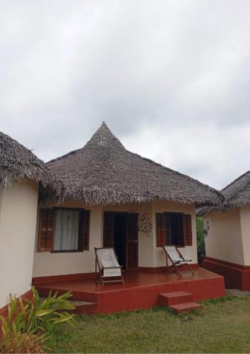 a house with a thatched roof and a porch at WINGS HOTELS in Nosy Be