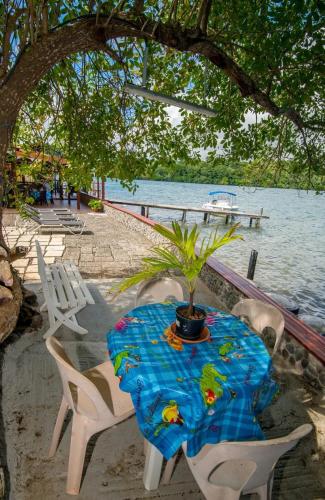 a table with a potted plant sitting on a beach at Charmante maison face à la mer au François, 120 m² in Le François