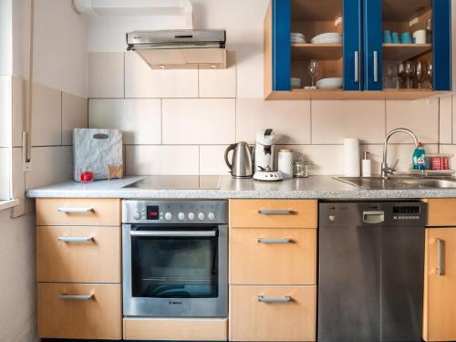 マールベルクにあるHoliday home in Mahlberg in the Ortenau districtのキッチン(木製キャビネット、ステンレス製オーブン付)