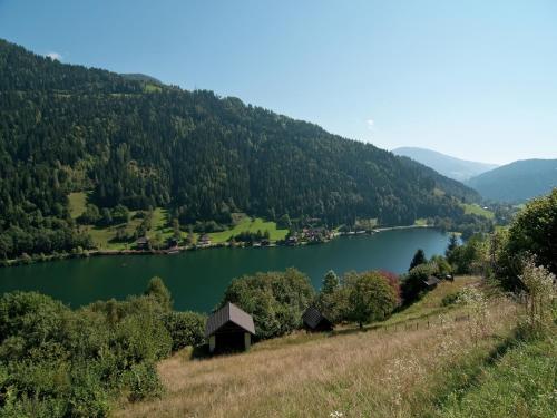 a view of a lake in a valley at Modern apartment with garden near the Petzen ski area in Eberndorf Carinthia in Eberndorf