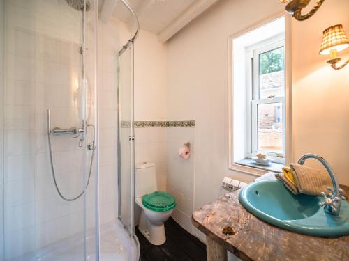 a bathroom with a shower and a sink and a toilet at Tasteful appartment in Artigat with Private Terrace in Artigat