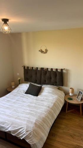 a large white bed with a large headboard in a bedroom at Maison 8 couchages avec spa in Touillon-et-Loutelet