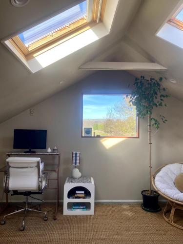 a bedroom with a skylight and a desk and a chair at Elegant Charming Family Villa in Greytown