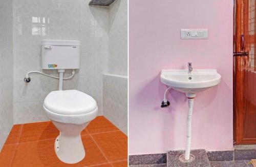 two pictures of a bathroom with a toilet and a sink at Hotel grand meridian in in Bengaluru