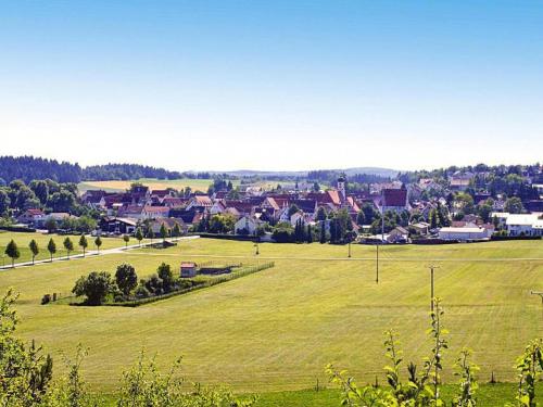 a green field with a town in the background at Holiday homes Lauterdörfle, Hayingen in Hayingen