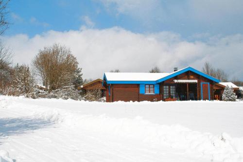 a log cabin in the snow with snow covered ground at Holiday homes Lauterdörfle, Hayingen in Hayingen