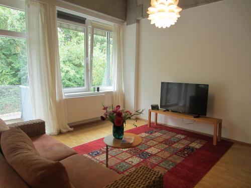 a living room with a couch and a tv at K9 Wohnungen in Münster