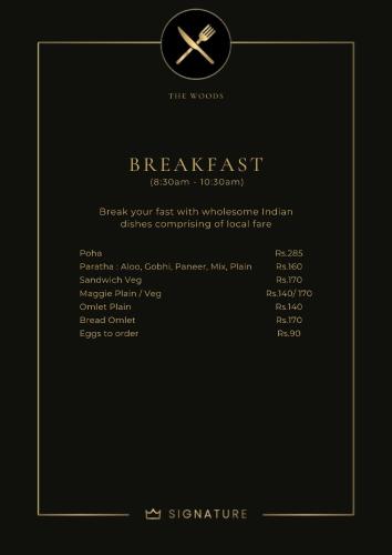a black menu for a restaurant with a cross on it at SaffronStays The Woods - Sal Villa in Dehradun