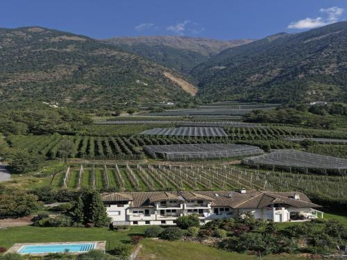 an aerial view of a vineyard and a house at Residence Lahnhof, Laces in Laces