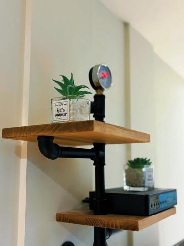 a wooden shelf with a potted plant on it at Wemeet Hotel Taipei in Taipei