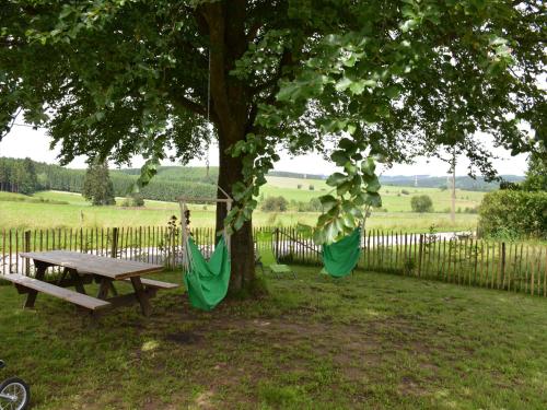 a picnic table under a tree with green hammocks at Cozy Farmhouse Near Houffalize in Halonreux