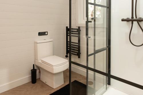 a bathroom with a toilet and a glass shower door at AvantGlamp in Marston Green