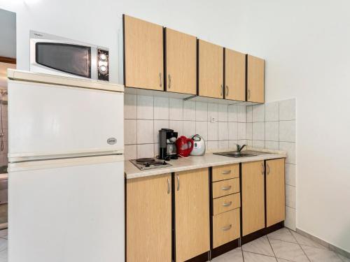 a kitchen with a white refrigerator and a microwave at Beautiful Apartment in Jasenice near Sea in Jasenice