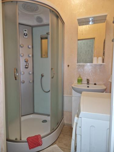 a bathroom with a shower and a sink at Vienības 8-23 in Daugavpils