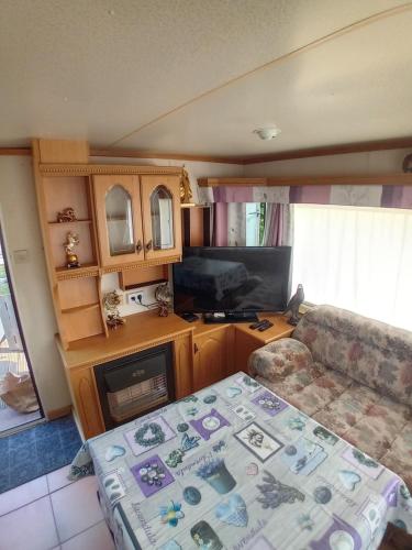 a living room with a couch and a flat screen tv at logement caravane in Les Journeux