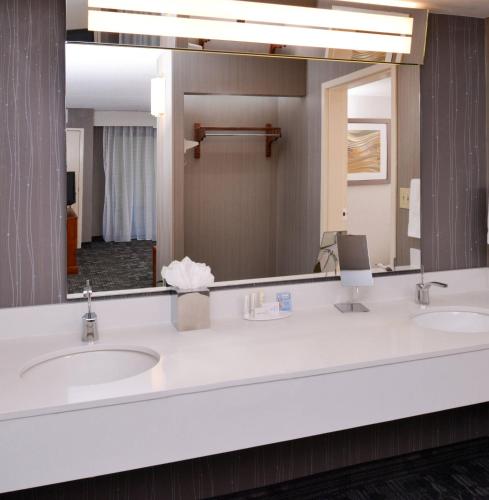 a bathroom with two sinks and a large mirror at Courtyard by Marriott Charlotte Gastonia in Gastonia