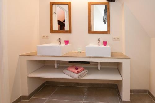 a bathroom with two sinks and two mirrors at Le Moulin de Flavion in Flavion