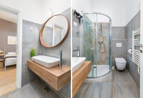 two images of a bathroom with a sink and a mirror at Villa Mariva in Žminj