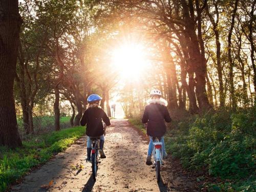 two children riding bikes down a dirt path with the sun shining at 4 person holiday home in GISLAVED-By Traum in Gislaved