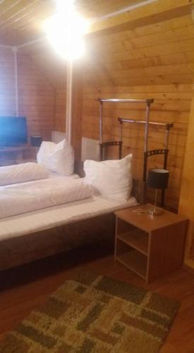 a bedroom with two beds and a table with a lamp at Pensiunea Casa Motilor in Bucium