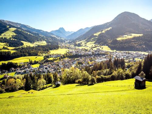 キルヒベルク・イン・チロルにあるGipfelglück Classicの山々に囲まれた谷間に町がある緑の丘陵地帯