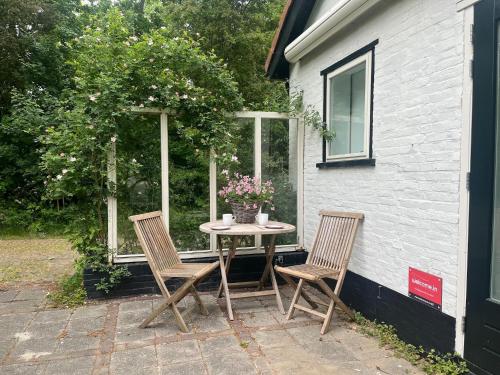 two chairs and a table with flowers on a patio at Holiday Home in Dishoek near Southern Beach in Dishoek