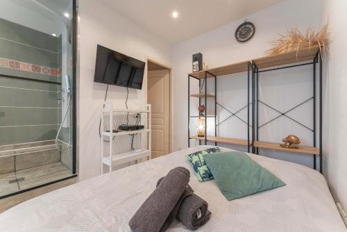 a bedroom with a large bed and a shower at L'authentik in Annecy
