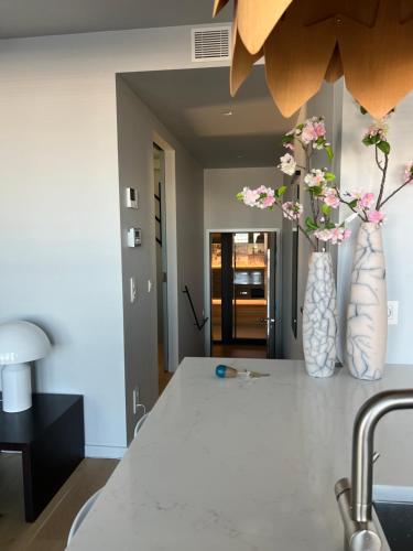 a kitchen with two vases with flowers on a counter at Umi in Ostend