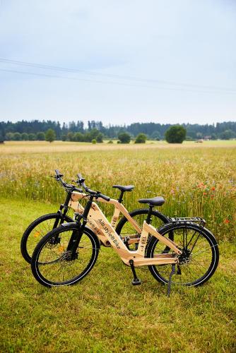 two bikes parked in the grass in a field at Widmann's Löwen in Königsbronn