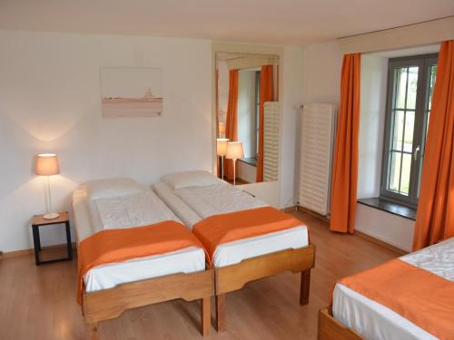a bedroom with two beds and two windows at Vintage Farmhouse with Garden, Roofed Terrace in Gouvy