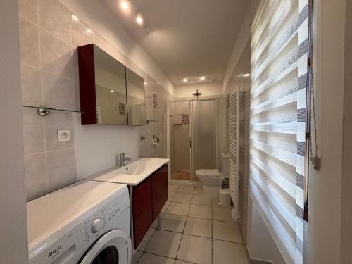 a bathroom with a washer and dryer in it at Chateau De La Ricardie Beautiful Rural Property Gite Villa in Liorac