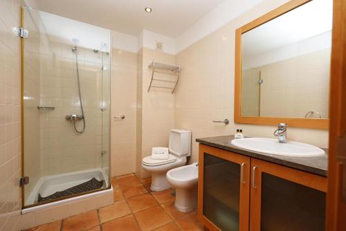 a bathroom with a toilet and a sink and a mirror at Marina Hill Apartment in Lagos