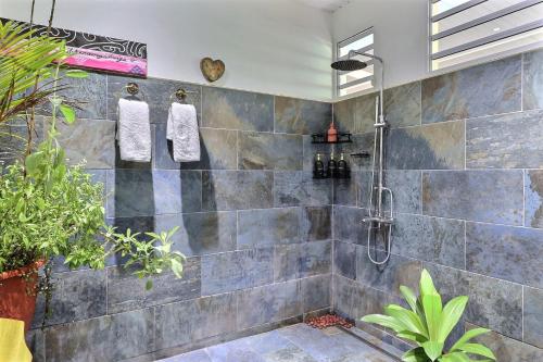 a bathroom with a shower with towels on the wall at Nāhina room - City Center - Swimming Pool in Papeete