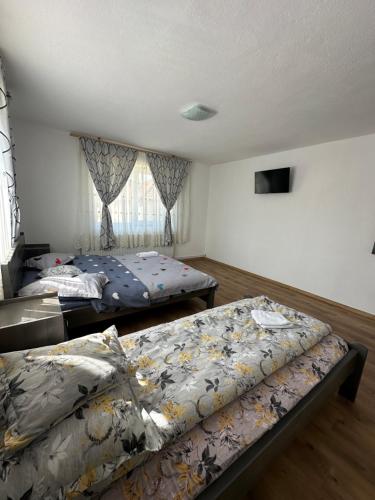 a bedroom with two beds and a window at CTA House in Cîrţişoara