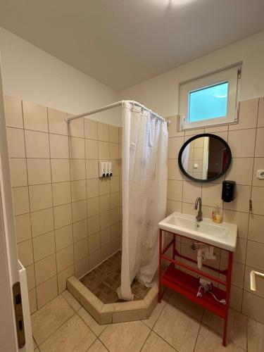 a bathroom with a shower with a sink and a mirror at Heera Apartmans in Hajdúszoboszló