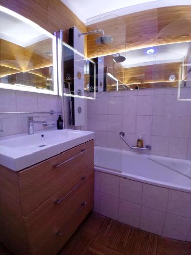 a bathroom with a sink and a bathtub and a sink at Suite Ellegance 305 in Bissone
