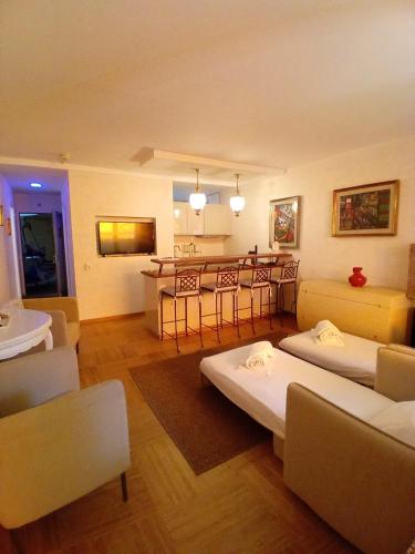 a living room with two beds and a kitchen at Suite Ellegance 305 in Bissone
