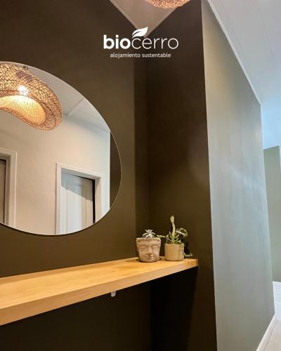 a bathroom with a mirror and a wooden shelf at Hotel BIOCERRO in Tandil