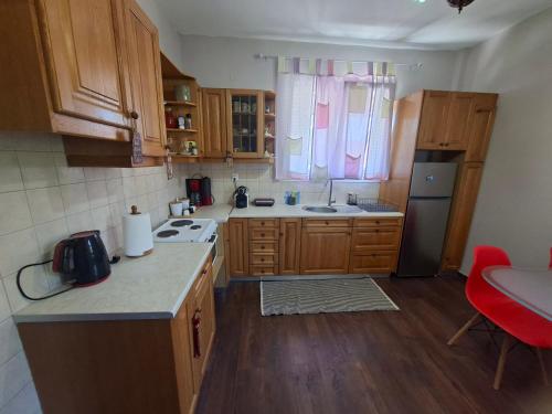 a kitchen with wooden cabinets and a sink and a refrigerator at Mainalo View House in Vytina