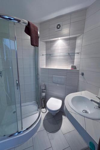 a bathroom with a shower and a toilet and a sink at Willa Latarnik - doskonała lokalizacja, blisko atrakcji, 20min do plaży in Łeba