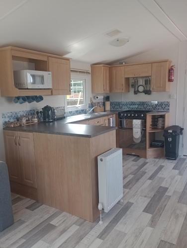 a kitchen with wooden cabinets and a counter top at Lapwing Lodge, Howdales in Louth