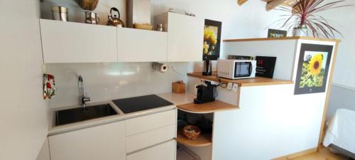 a kitchen with white cabinets and a sink and a microwave at Home Dren in Prepotto