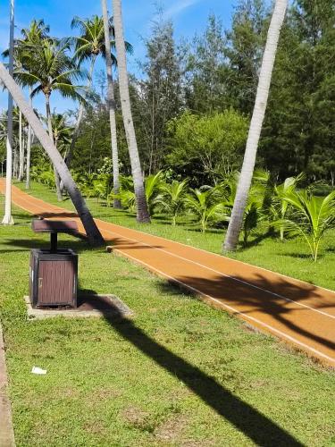 a trail in a park with palm trees and a bench at SUN House in Phu Quoc